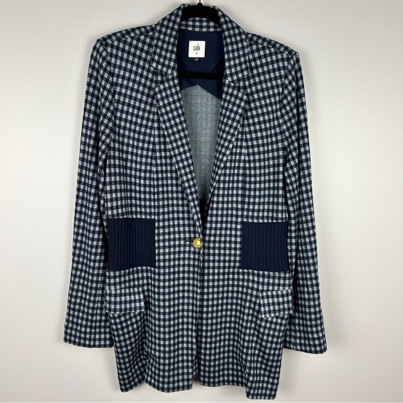 Cabi Checkup Gingham Longline Gold Button Blazer Jacket Medium Navy - Picture 3 of 14